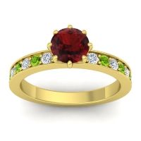 Garnet Ring In 18k Yellow Gold With Lab Diamond And Peridot Jalika-6 Round Classic Ring