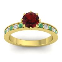 Garnet Ring In 14k Yellow Gold With Emerald And Lab Diamond Jalika-6 Round Classic Ring