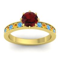 Garnet Ring In 18k Yellow Gold With Swiss Blue Topaz And Citrine Jalika-6 Round Classic Ring