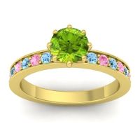 Peridot Ring In 18k Yellow Gold With Aquamarine And Pink Tourmaline Jalika-6 Round Classic Ring