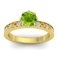 Peridot Ring In 18k Yellow Gold With Lab Diamond And Citrine Jalika-6 Round Classic Ring