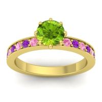 Peridot Ring In 18k Yellow Gold With Pink Tourmaline And Amethyst Jalika-6 Round Classic Ring