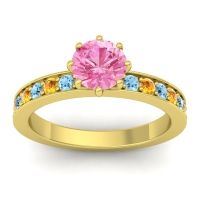 Pink Tourmaline Ring In 14k Yellow Gold With Aquamarine And Citrine Jalika-6 Round Classic Ring