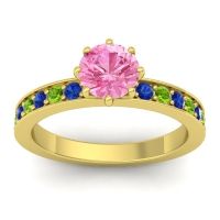 Pink Tourmaline Ring In 14k Yellow Gold With Blue Sapphire And Peridot Jalika-6 Round Classic Ring
