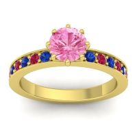 Pink Tourmaline Ring In 18k Yellow Gold With Blue Sapphire And Ruby Jalika-6 Round Classic Ring