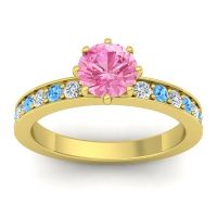 Pink Tourmaline Ring In 14k Yellow Gold With Lab Diamond And Swiss Blue Topaz Jalika-6 Round Classic Ring