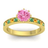 Pink Tourmaline Ring In 14k Yellow Gold With Emerald And Citrine Jalika-6 Round Classic Ring