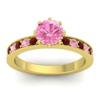 Pink Tourmaline Ring In 14k Yellow Gold With Garnet Jalika-6 Round Classic Ring