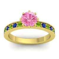 Pink Tourmaline Ring In 14k Yellow Gold With Peridot And Blue Sapphire Jalika-6 Round Classic Ring