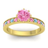 Pink Tourmaline Ring In 14k Yellow Gold With Aquamarine Jalika-6 Round Classic Ring