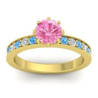 Pink Tourmaline Ring In 14k Yellow Gold With Swiss Blue Topaz And Lab Diamond Jalika-6 Round Classic Ring