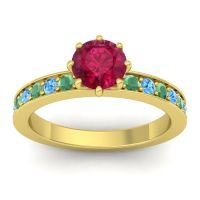 Ruby Ring In 18k Yellow Gold With Emerald And Swiss Blue Topaz Jalika-6 Round Classic Ring