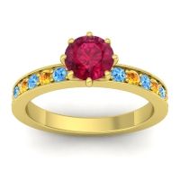 Ruby Ring In 18k Yellow Gold With Swiss Blue Topaz And Citrine Jalika-6 Round Classic Ring