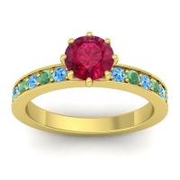 Lab Ruby Ring In 14k Yellow Gold With Swiss Blue Topaz And Emerald Jalika-6 Round Classic Ring