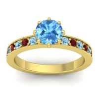 Swiss Blue Topaz Ring In 18k Yellow Gold With Aquamarine And Garnet Jalika-6 Round Classic Ring