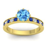 Swiss Blue Topaz Ring In 14k Yellow Gold With Blue Sapphire And Lab Diamond Jalika-6 Round Classic Ring
