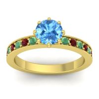 Swiss Blue Topaz Ring In 14k Yellow Gold With Emerald And Garnet Jalika-6 Round Classic Ring