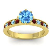 Swiss Blue Topaz Ring In 18k Yellow Gold With Garnet And Aquamarine Jalika-6 Round Classic Ring