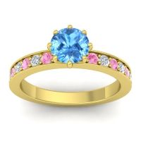 Swiss Blue Topaz Ring In 18k Yellow Gold With Pink Tourmaline And Lab Diamond Jalika-6 Round Classic Ring
