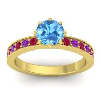 Swiss Blue Topaz Ring In 18k Yellow Gold With Ruby And Amethyst Jalika-6 Round Classic Ring