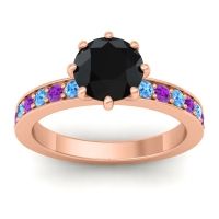 Black Onyx Ring In 18K Rose Gold With Swiss Blue Topaz And Amethyst Jalika-7 Round Classic Ring
