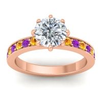 Diamond Ring In 14K Rose Gold With Citrine And Amethyst Jalika-7 Round Classic Ring