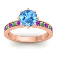 Swiss Blue Topaz Ring In 14K Rose Gold With Amethyst And Emerald Jalika-7 Round Classic Ring