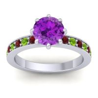 Amethyst Ring In 14k White Gold With Garnet And Peridot Jalika-7 Round Classic Ring