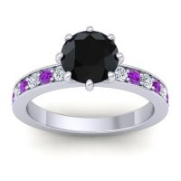 Black Onyx Ring In 14k White Gold With Diamond And Amethyst Jalika-7 Round Classic Ring