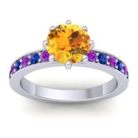 Citrine Ring In 14k White Gold With Amethyst And Blue Sapphire Jalika-7 Round Classic Ring
