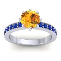 Citrine Ring In 14k White Gold With Blue Sapphire Jalika-7 Round Classic Ring