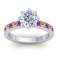 Diamond Ring In Palladium With Amethyst And Citrine Jalika-7 Round Classic Ring