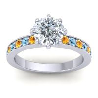 Diamond Ring In Palladium With Citrine And Aquamarine Jalika-7 Round Classic Ring