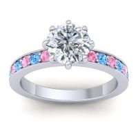 Diamond Ring In Platinum With Pink Tourmaline And Swiss Blue Topaz Jalika-7 Round Classic Ring
