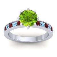Peridot Ring In 14k White Gold With Garnet And Aquamarine Jalika-7 Round Classic Ring