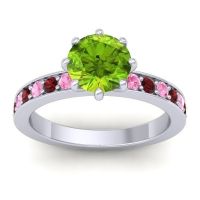 Peridot Ring In 14k White Gold With Pink Tourmaline And Garnet Jalika-7 Round Classic Ring