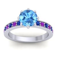Swiss Blue Topaz Ring In 14k White Gold With Blue Sapphire And Amethyst Jalika-7 Round Classic Ring