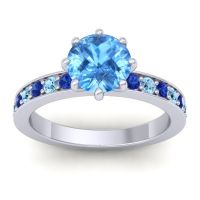 Swiss Blue Topaz Ring In 14k White Gold With Blue Sapphire And Aquamarine Jalika-7 Round Classic Ring