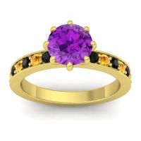 Amethyst Ring In 14k Yellow Gold With Black Onyx And Citrine Jalika-7 Round Classic Ring
