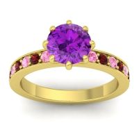 Amethyst Ring In 14k Yellow Gold With Pink Tourmaline And Garnet Jalika-7 Round Classic Ring