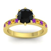 Black Onyx Ring In 18k Yellow Gold With Amethyst And Citrine Jalika-7 Round Classic Ring
