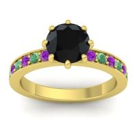 Black Onyx Ring In 14k Yellow Gold With Amethyst And Emerald Jalika-7 Round Classic Ring