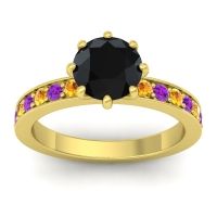 Black Onyx Ring In 18k Yellow Gold With Citrine And Amethyst Jalika-7 Round Classic Ring