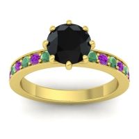 Black Onyx Ring In 14k Yellow Gold With Emerald And Amethyst Jalika-7 Round Classic Ring