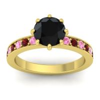 Black Onyx Ring In 18k Yellow Gold With Pink Tourmaline And Garnet Jalika-7 Round Classic Ring