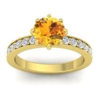 Citrine Ring In 14k Yellow Gold With Lab Diamond Jalika-7 Round Classic Ring