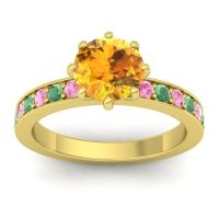 Citrine Ring In 14k Yellow Gold With Pink Tourmaline And Emerald Jalika-7 Round Classic Ring