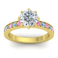 Diamond Ring In 14k Yellow Gold With Pink Tourmaline And Aquamarine Jalika-7 Round Classic Ring