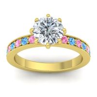 Diamond Ring In 14k Yellow Gold With Pink Tourmaline And Swiss Blue Topaz Jalika-7 Round Classic Ring