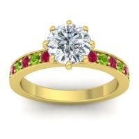 Diamond Ring In 18k Yellow Gold With Ruby And Peridot Jalika-7 Round Classic Ring